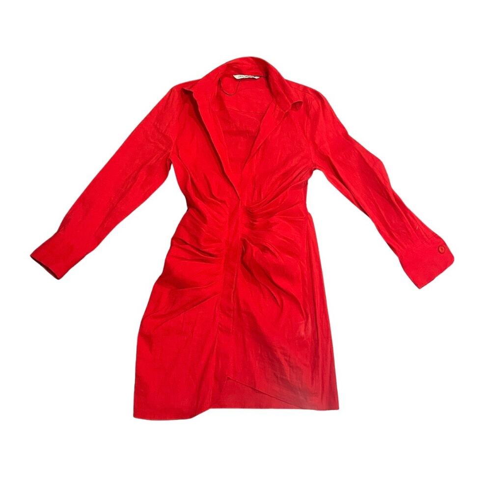 Zara Red Draped Mini Dress Collar Long Sleeves Front Ruched Date Night Dinner